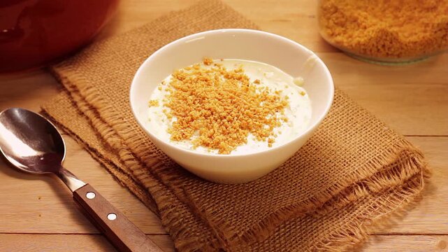 Creamy Brazilian canjica or mungunza topped with crunchy pacoca, crushed peanuts, in a white bowl on a rustic wooden table