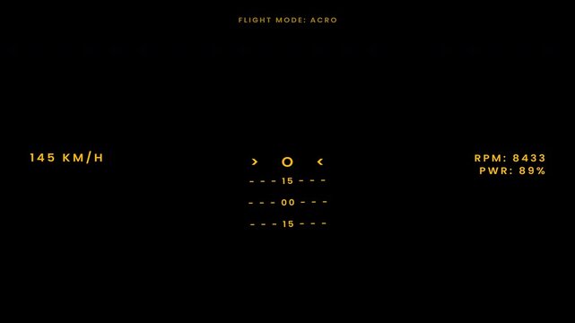 Yellow FPV drone racing HUD overlay with artificial horizon and live telemetry data