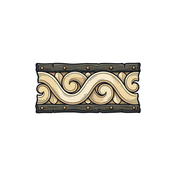 Ornate Wooden Border Segment Featuring Beige Carved Scroll Motifs Between Dark Aged Planks Secured With Brass Rivets Vector Illustration