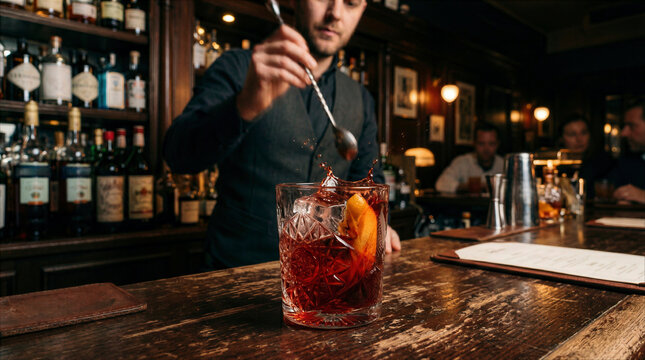 Professional bartender stirring a red cocktail with splashing liquid, ice, and orange peel garnish in a moody upscale speakeasy bar.