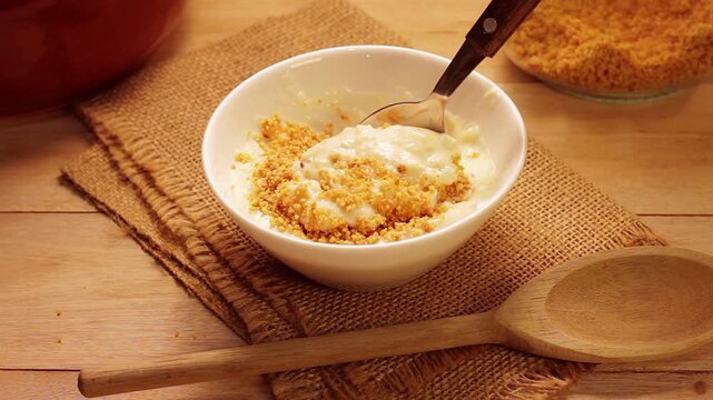 Creamy Brazilian canjica or mungunza with a spoon, mixing in pacoca in a rustic traditional cooking setting