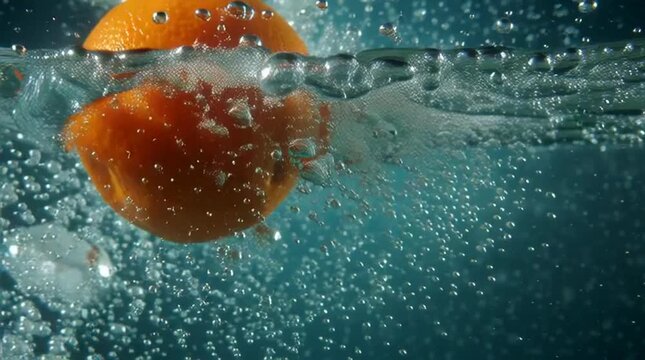 Fresh orange splashing into clear blue water with rising bubbles