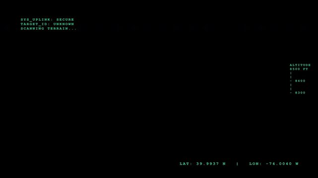 Military drone tactical viewfinder overlay with green telemetry data and gps coordinates