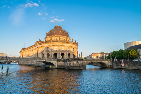 Bode museum at museum island on Spree river at sunset. Berlin, Germany