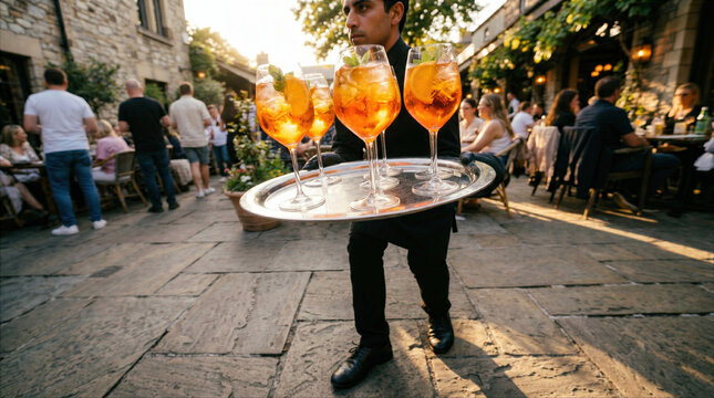 Waiter carrying tray of refreshing Aperol Spritz cocktails at a sunset terrace restaurant patio