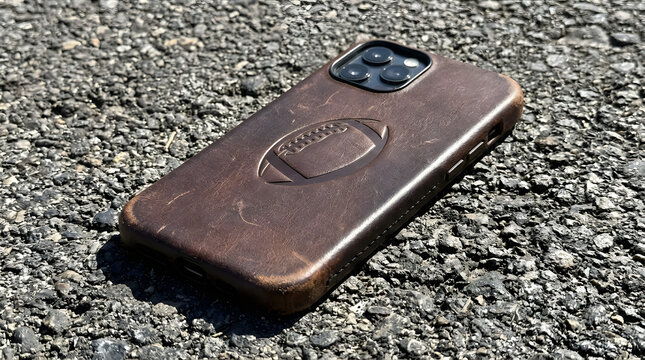 Brown leather iPhone case with embossed American football design on asphalt background