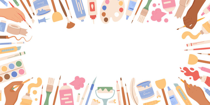 Flat art craft supply background in horizontal rectangle format with white center space. Art craft tools and painting supplies act as colorful border and template for workshop or school class banner.