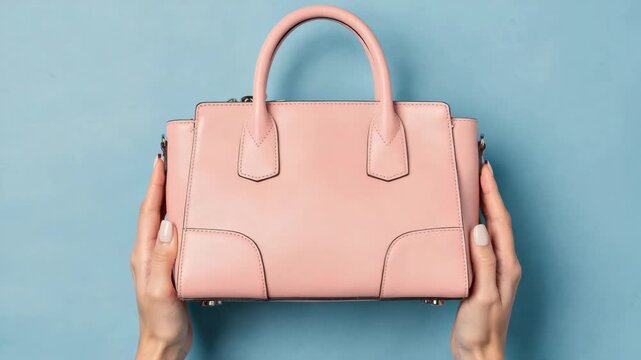 A fashionable pink purse showcased by a person's hands
