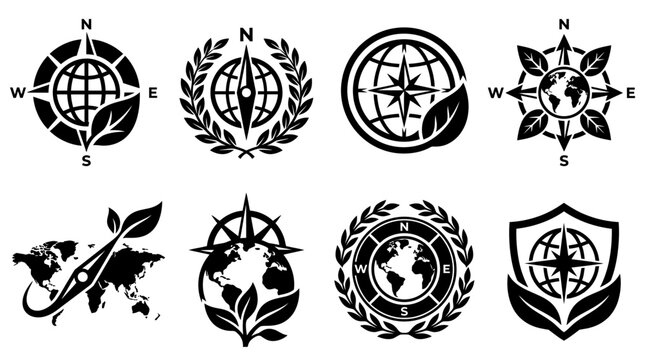 Global eco-travel and navigation compass logo icons