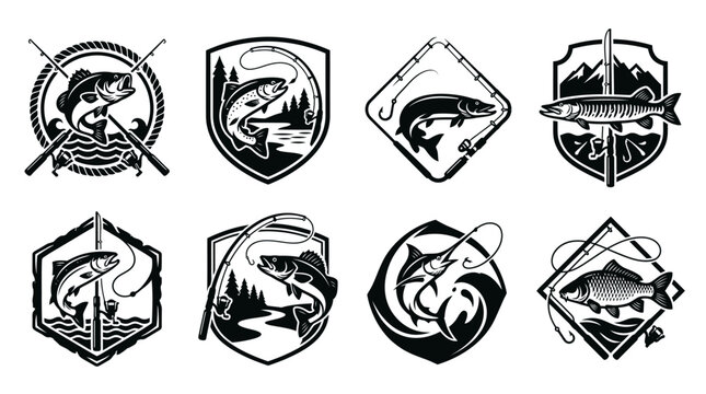 Sport fishing trout and rod outdoor emblem collection.