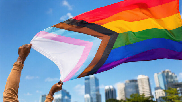Hands holding Progress Pride flag against city skyline and blue sky; symbol of LGBTQ+ inclusion and diversity in urban setting.