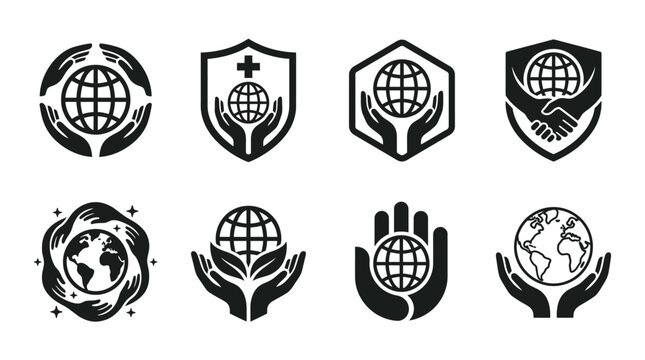 Global unity and world community emblem set.