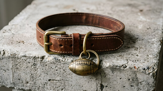 Brown Leather Dog Collar with Football Charm and Brass Hardware on Concrete Surface