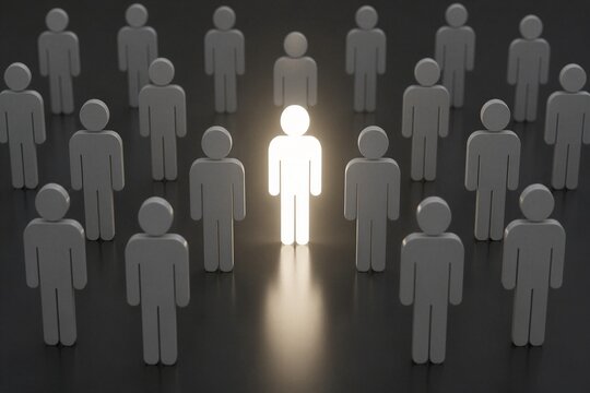 Illuminated human icon standing among grey figures in crowd