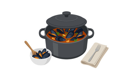 Pot of cooked mussels in broth with side. © Syamsul