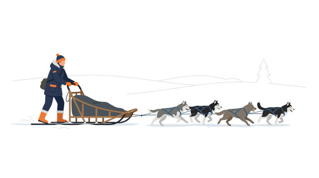 Man riding a dog sled through a snowy landscape.