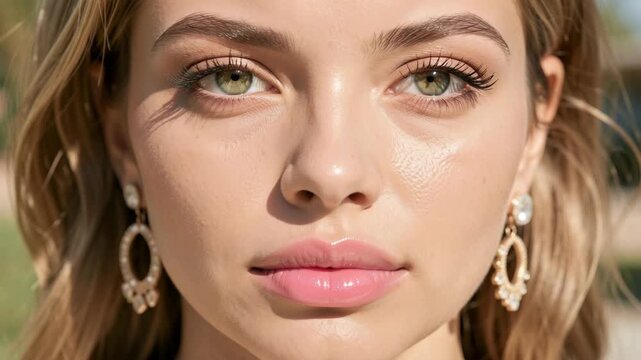Close-up of a young woman with radiant skin, long eyelashes, and beautiful makeup. She has striking blue eyes and is wearing dangling earrings.