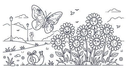 World map butterfly flying over smiling flowers and snail in green park scene. © jubayer95