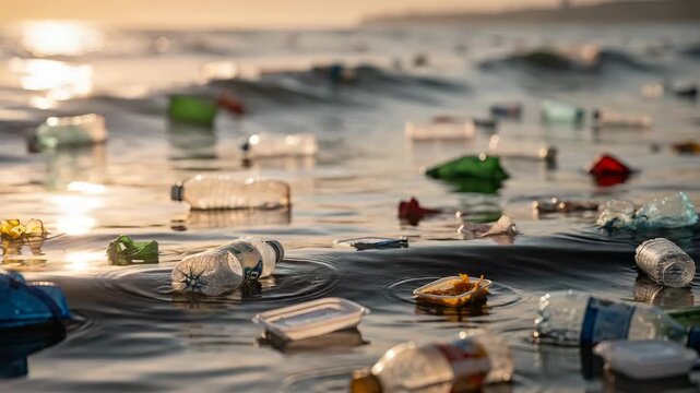 A disturbing scene of ocean pollution with plastic waste. The water is filled with trash, including bottles and other debris.
