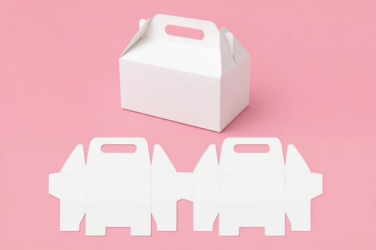 White gable box assembled beside flat template on pink backdrop