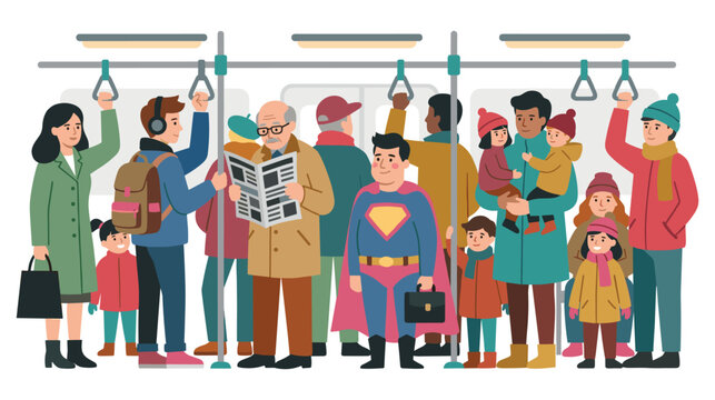 Crowded public transportation scene with diverse people and businessman in superhero suit.