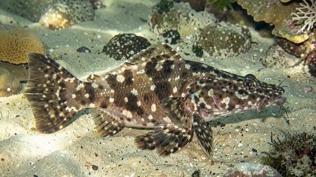 A vibrant reef fish swimming among the rocks and coral of a beautiful underwater ecosystem.