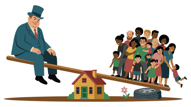 Rich businessman balancing on seesaw against group of poor people and small wooden house.