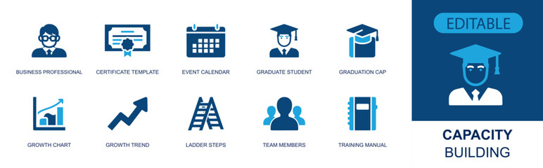 Capacity building icon set. Containing professional, certificate, calendar, graduate, graduation cap, growth trend, ladder steps, team members, manual and more. Solid fill vector icons. © Jacki