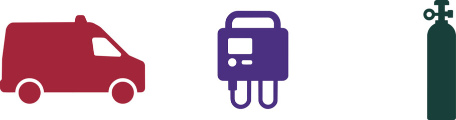Medical ambulance van, portable oxygen cylinder and power station icons and device, equipment, and vehicle © Bakalia