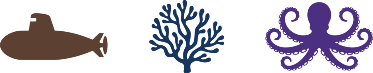 Simplified clip art icons set featuring a brown submarine, a blue coral branch, and a purple octopus © Bakalia