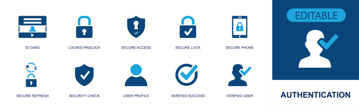 Authentication icon set. Containing ID card, padlock, secure access, secure lock, secure phone, shield check, user profile, success, verified user and more. Solid fill vector icons