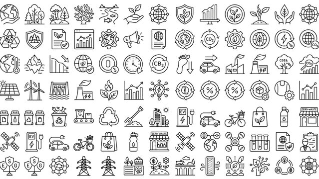 Mega green ecology and renewable energy line icon set featuring environmental sustainability carbon reduction recycling global warming technology vectors.