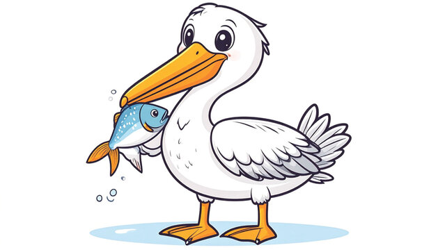 Cartoon Pelican Holding Blue Fish.