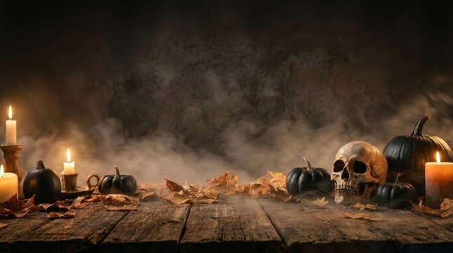 Spooky halloween background with human skull pumpkins and candles on rustic wood, halloween