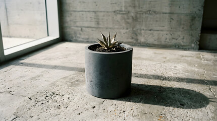 Obraz premium Minimalist concrete planter with agave plant on textured floor near window
