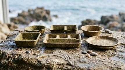 Naklejka premium Biodegradable molded fiber packaging on a wet rock by the ocean