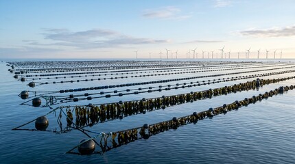Obraz premium Kelp farm with wind turbines in the background on a sunny day