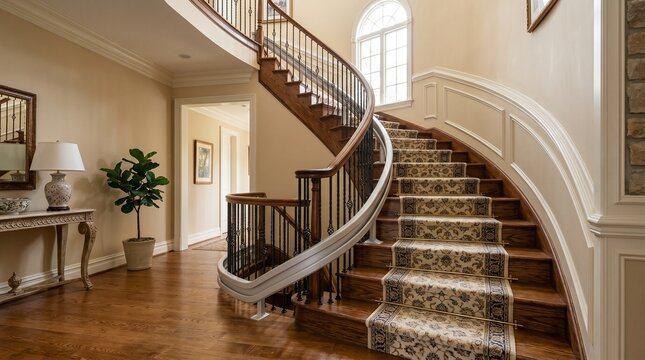 Elegant curved wooden staircase with ornate carpet runner in luxury ho
