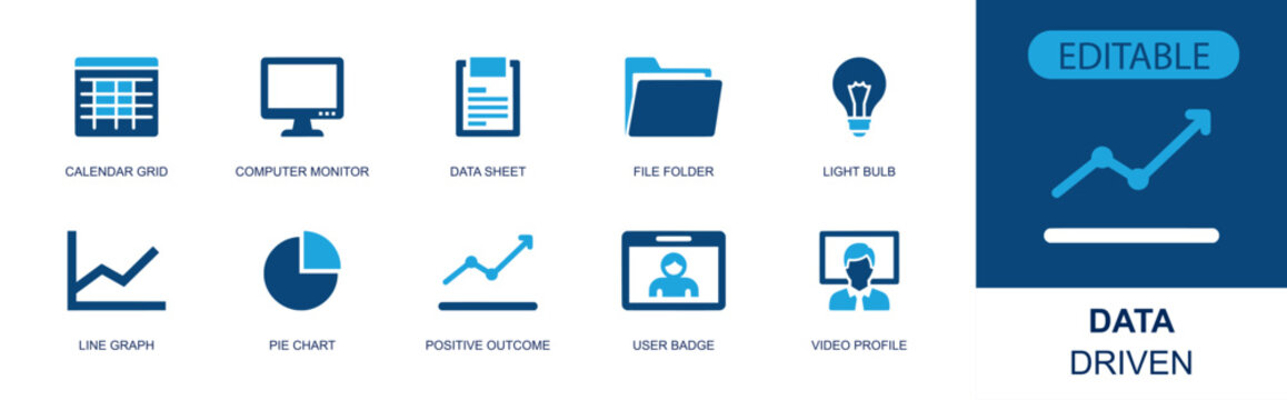 Data driven icon set. Containing calendar grid, computer monitor, data sheet, file folder, light bulb, line graph, pie chart, user badge, video profile and more. Solid fill vector icons.