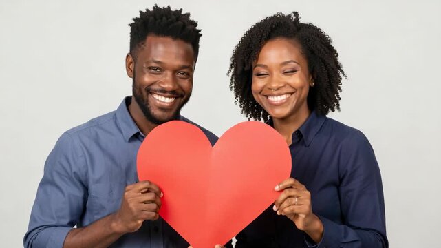 A cheerful couple holding paper hearts, possibly as part of an anniversary or Valentine's Day celebration. They are smiling and seem happy together.