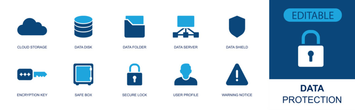 Data protection icon set. Containing cloud storage, data disk, data folder, data server, data shield, encryption key, safe box, secure lock, warning notice and more. Solid fill vector icons.