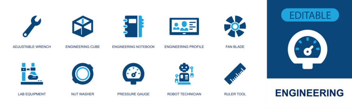 Engineering icon set. Containing wrench, engineering cube, notebook, profile, fan blade, lab equipment, pressure gauge, robot technician, ruler tool and more. Solid fill vector icons.
