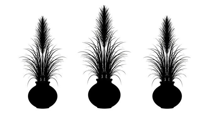 Three decorative potted ornamental grass plants in black silhouette style.