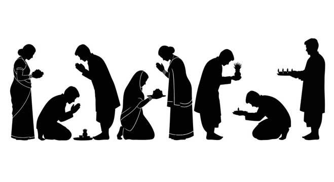 Silhouettes of people performing traditional Indian religious rituals and prayers.