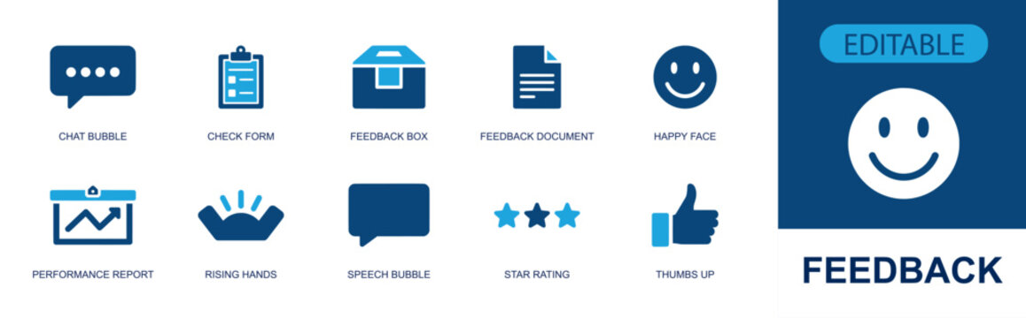 Feedback icon set containing chat bubble, check form, feedback box, feedback document, happy face, performance report, speech bubble, star rating, thumbs up & more, solid fill vector icons.
