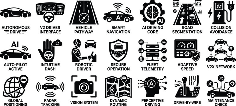 Comprehensive Professional Set of Autonomous Driving and Smart Vehicle Technology Icons for Advanced Automotive Solutions