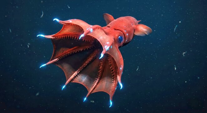 Vampire squid swimming in the deep blue ocean water representing marine biology deep sea exploration and wild aquatic life