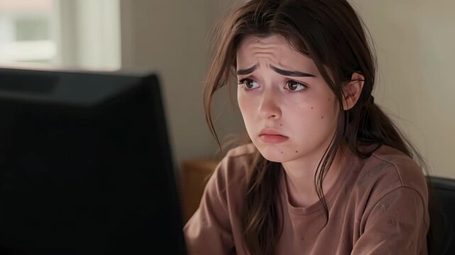 A young woman sitting in front of a monitor showing shock or surprise on her face.