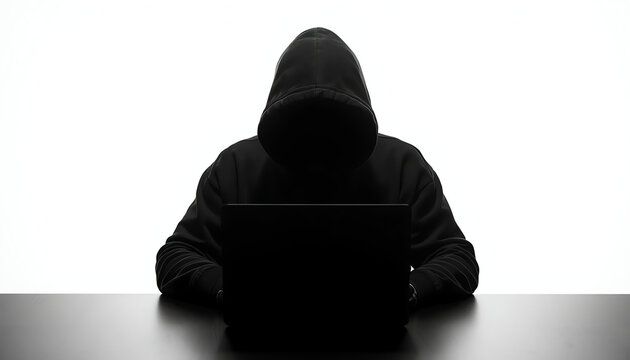 Silhouetted figure in hoodie working on laptop, concept of privacy or hacking