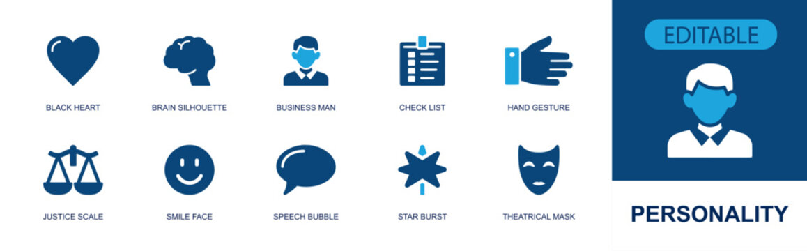 Personality icon set. Containing heart, brain silhouette, profile, checklist, hand gesture, justice scale, smile face, speech bubble, theatrical mask and more. Solid fill vector icons.